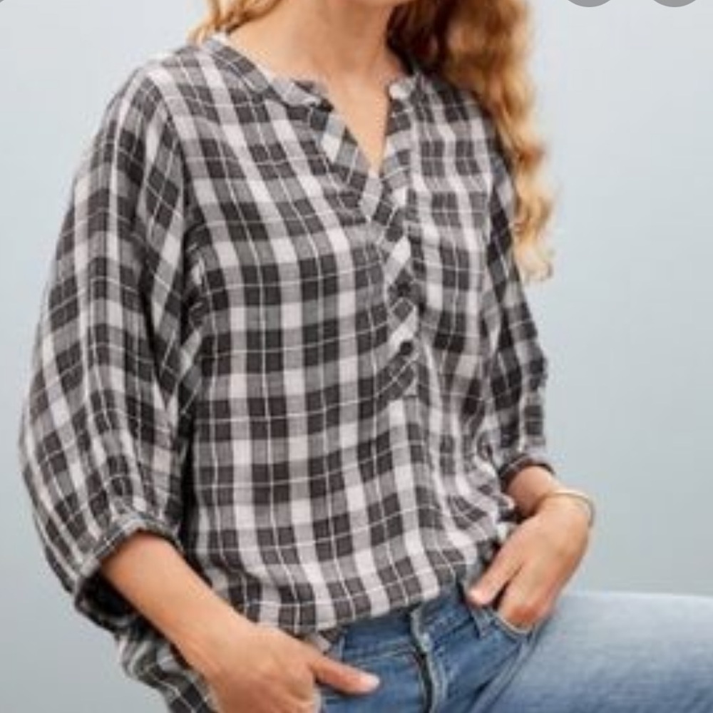 Garnet Hill Batwing Gauze Top Gray Plaid Sz 10